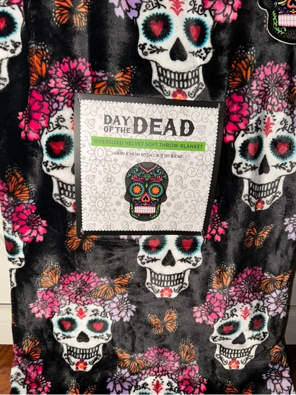 Day of the Dead Sugar Skull with Butterflies Plush Throw Blanket
